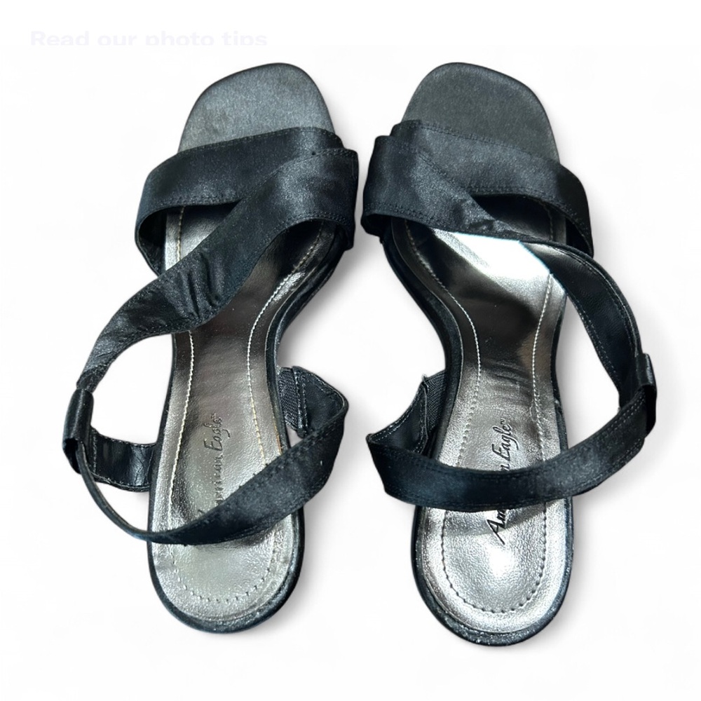 AMERICAN EAGLE Black Satin Heeled Sandals With Ankle Strap 6 1/2 Good Condition - Picture 3 of 8
